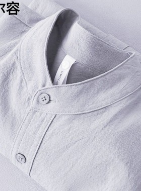 单穿打底两不误杏色白色亨利领棉麻短袖衬衫纯色亚麻立领上衣男夏