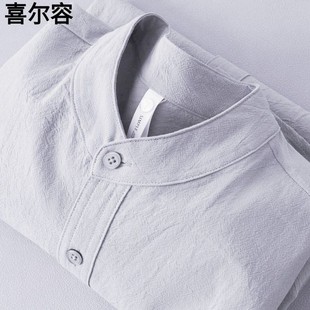单穿打底两不误杏色白色亨利领棉麻短袖 纯色亚麻立领上衣男夏 衬衫