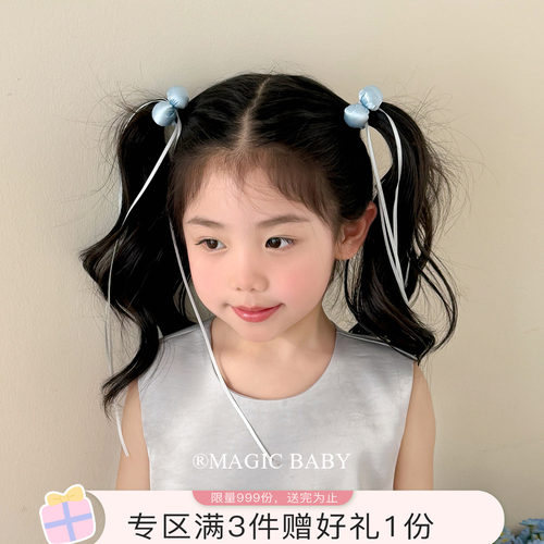 清新森系蓝色丝带小球发圈小女孩扎双马尾发绳可爱公主蝴蝶结头绳