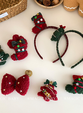 可爱毛绒圣诞节雪花小袜子发箍女童甜美蝴蝶结圣诞树发夹头饰发卡