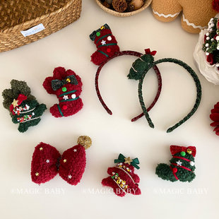 可爱毛绒圣诞节雪花小袜子发箍女童甜美蝴蝶结圣诞树发夹头饰发卡