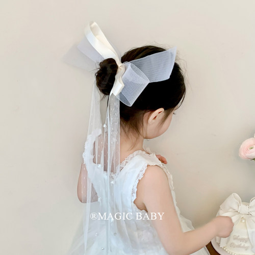 宝宝公主头纱发饰白色超仙蕾丝网纱蝴蝶结发夹女宝宝生日拍照头饰