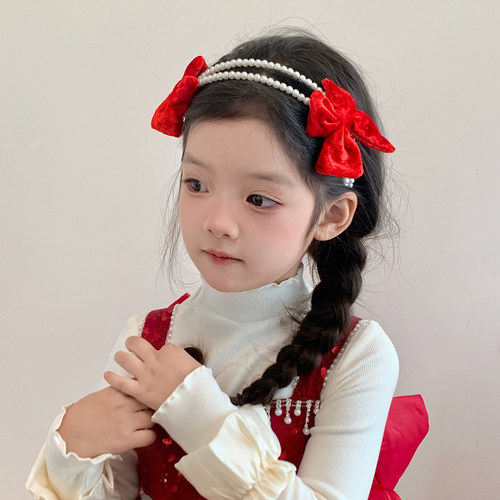 儿童红色丝绒蝴蝶结珍珠发箍洋气女童新年头箍发饰小女孩过年头饰