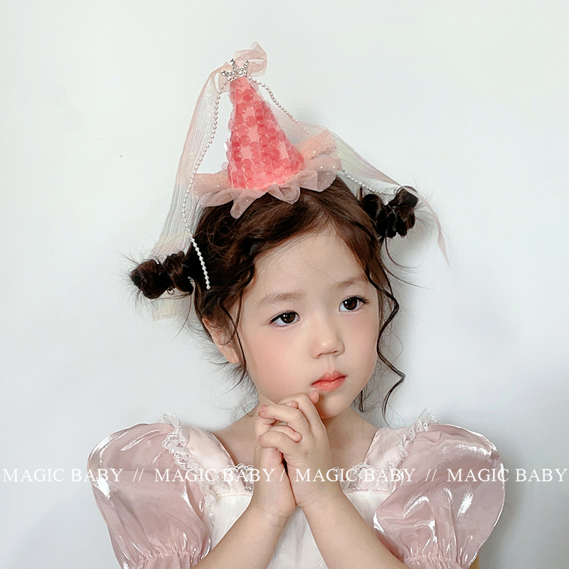 粉色可爱网纱生日帽发夹女童头纱