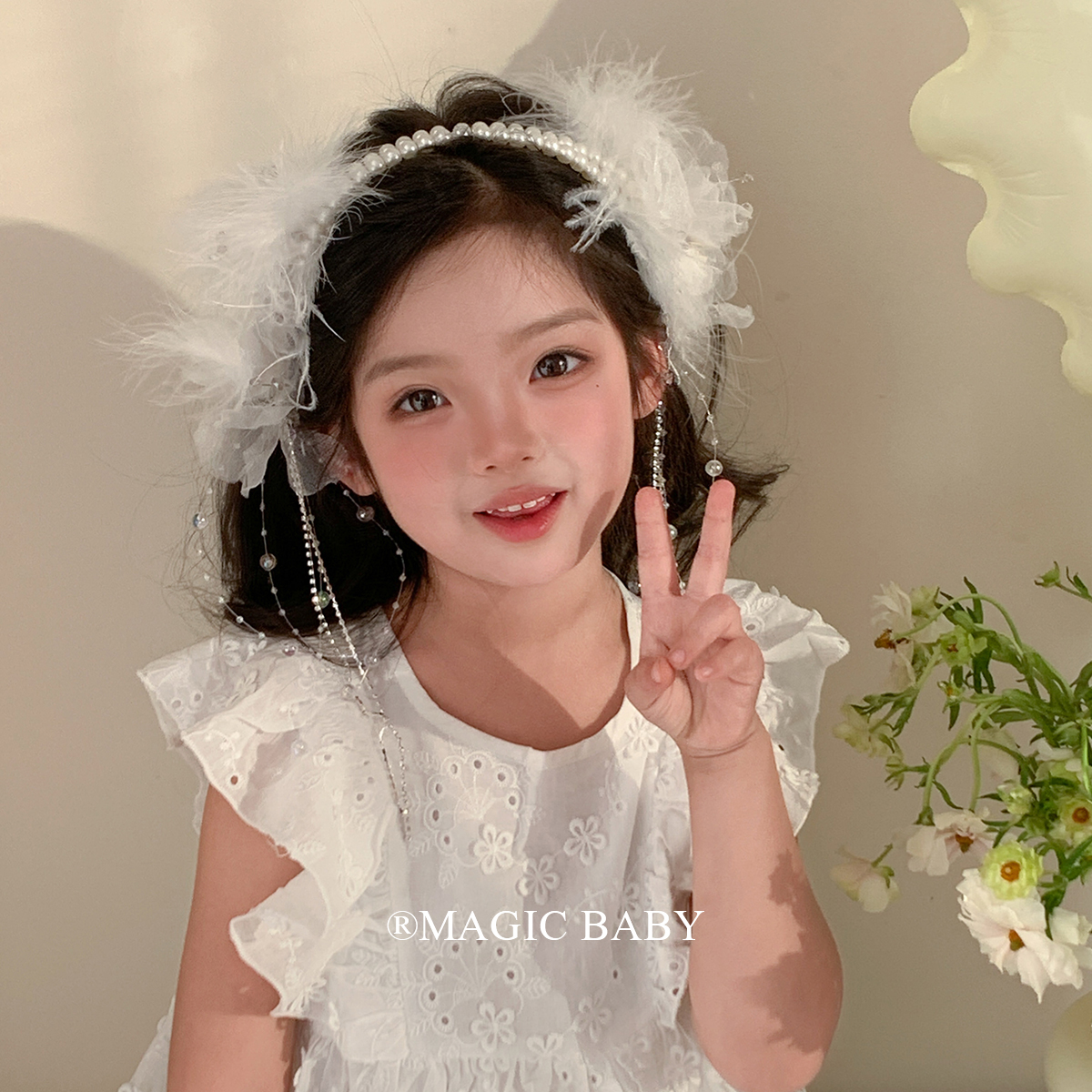 魔丽宝贝超仙白色流苏羽毛发箍