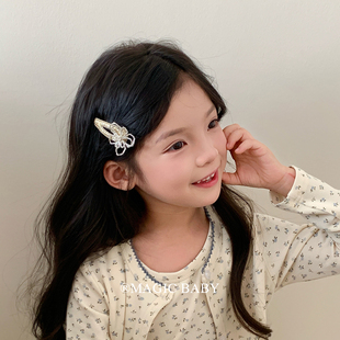 韩系银色高级感串珠花朵发夹儿童侧边刘海夹水滴bb夹公主夹子发饰