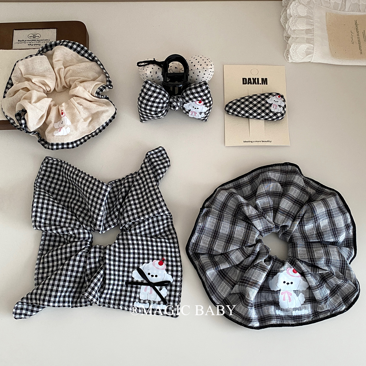 韩系黑白格纹波点方巾发圈韩系学院风大肠发圈儿童发夹抓夹头饰女