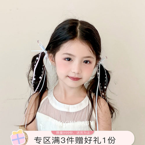 撞色丝带蝴蝶结珍珠流苏发夹芭蕾风女童夹子马尾夹发饰仙仙发卡