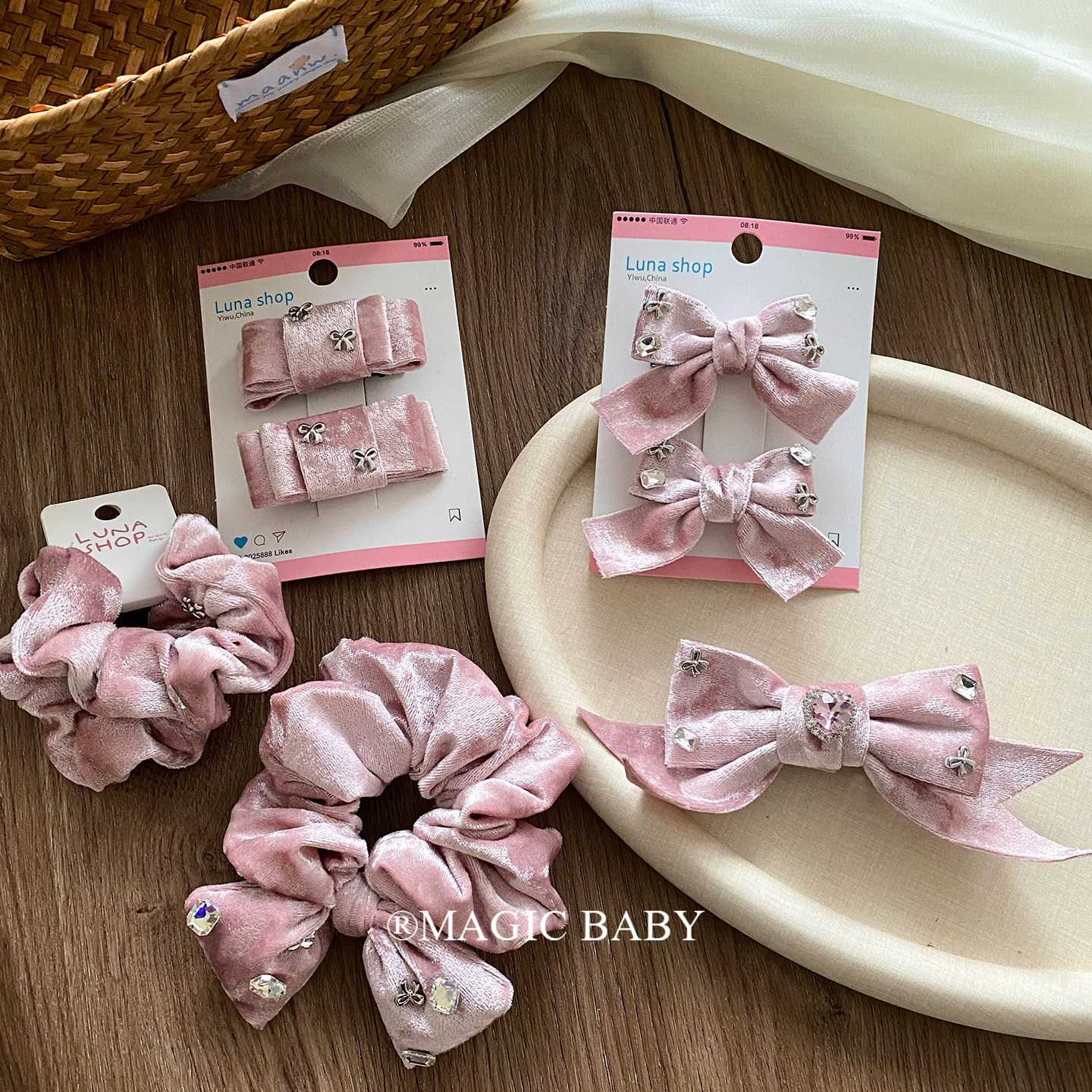 粉色丝绒水钻蝴蝶结发夹女童发圈小女孩气质公主夹子漂亮发饰头绳,童装/婴儿装/亲子装,发饰,淘宝优惠券,粉丝福利购,淘宝优惠卷