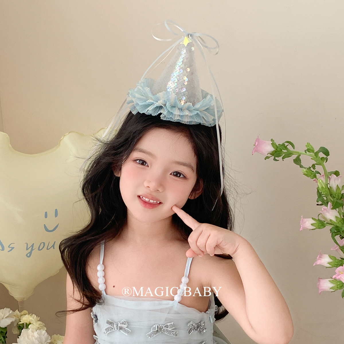 仲夏夜公主蓝色网纱丝带蝴蝶结生日帽发夹儿童生日发饰帽子头饰女