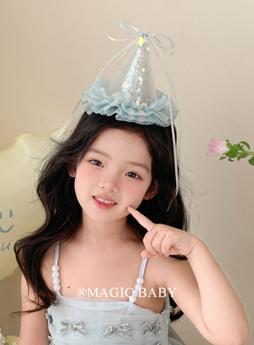 仲夏夜公主蓝色网纱丝带蝴蝶结生日帽发夹儿童生日发饰帽子头饰女