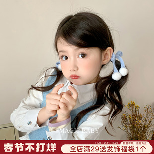 秋冬毛绒蓝色蝴蝶结毛球发夹女童可爱侧边刘海夹马尾发夹星星夹子