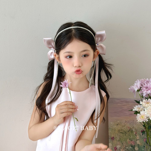 粉色公主蝴蝶结飘带水晶流苏发箍小女孩高级感精致头箍生日发饰
