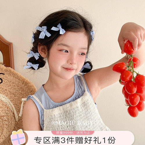 魔丽宝贝蓝色格纹蝴蝶结发夹