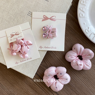 粉色系水钻丝带蝴蝶结发夹女童甜美花朵发圈糖果发绳洋气儿童头饰