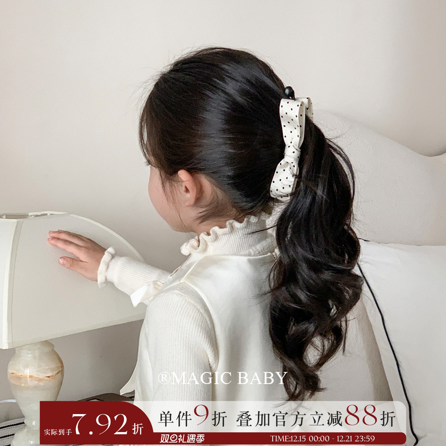 韩系精致黑白波点香蕉夹立体女童高马尾竖夹蝴蝶结头饰夹子新款