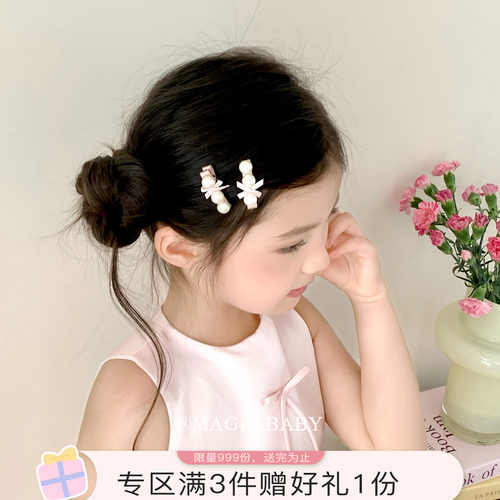 气质粉色蝴蝶结珍珠发夹女童头饰甜美公主风边夹儿童漂亮小夹子
