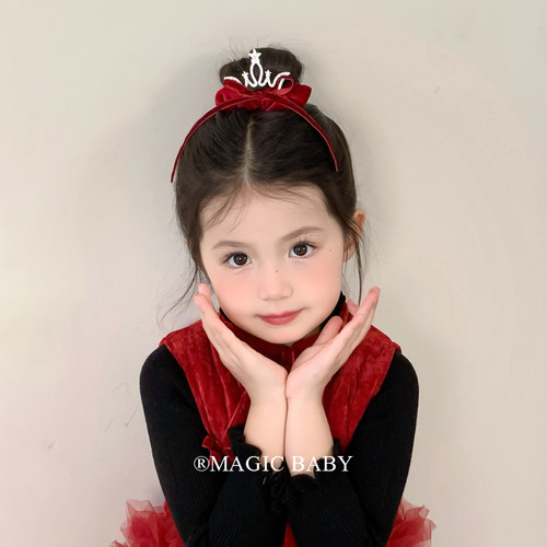 酒红色立体皇冠丝带蝴蝶结大肠发圈儿童精致公主头饰新年发饰头绳