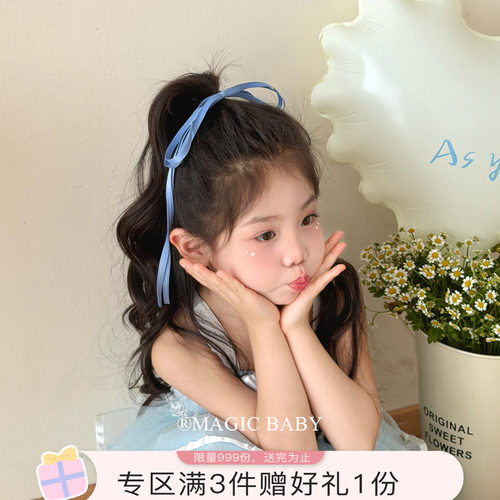韩系天蓝色丝带蝴蝶结发圈芭蕾风女童扎发皮筋发绳飘带头绳发饰