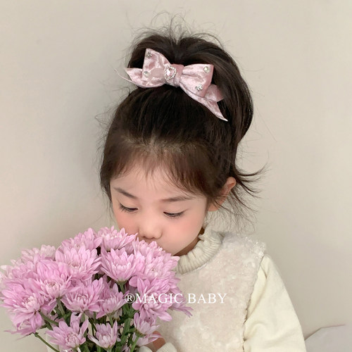 梦幻粉色丝绒水钻蝴蝶结大肠发圈儿童立体公主夹子宝宝发夹头饰女
