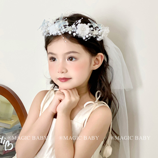 2026新款超仙白色珍珠花朵网纱头纱花环发箍儿童头饰女童生日拍照