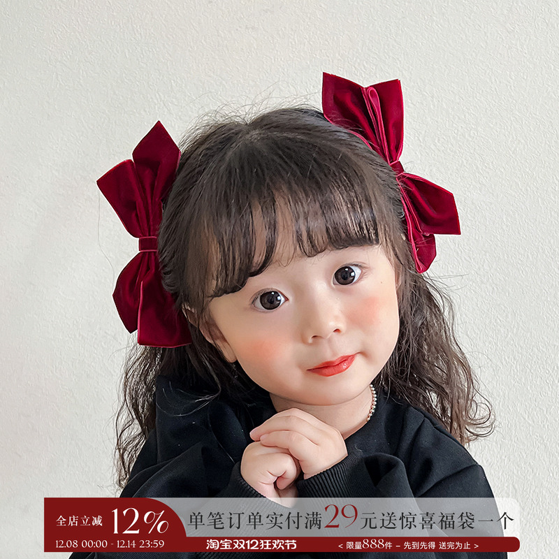 丝绒蝴蝶结红色立体小女孩发夹