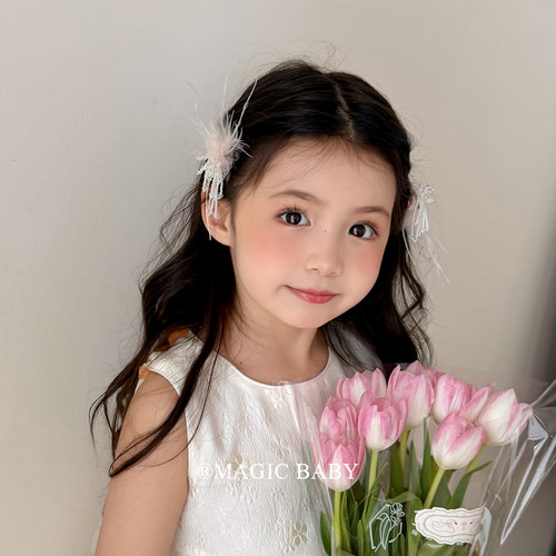 粉色串珠流苏羽毛发夹儿童甜美刘海夹头饰女童六一儿童节表演夹子