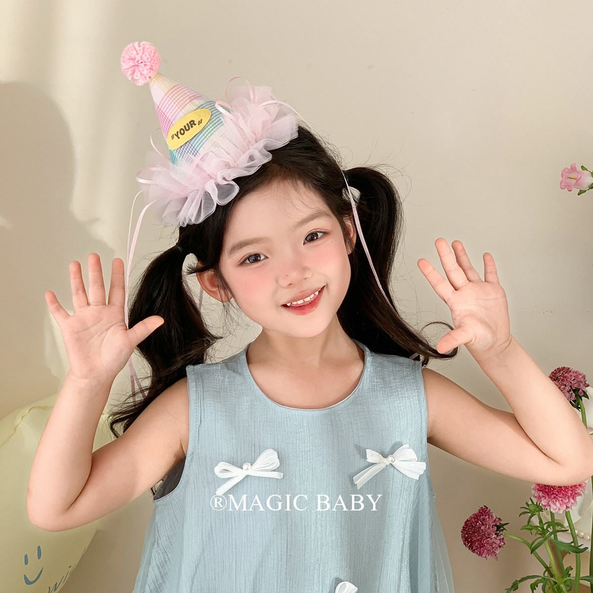 粉色毛球丝带蝴蝶结生日帽发夹女童生日头饰宝宝周岁夹子拍照发饰