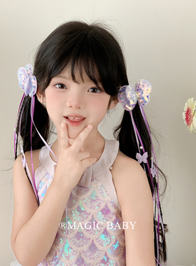 人鱼姬紫色亮片蝴蝶结假发辫发夹儿童假发头饰马尾夹子头饰2025新