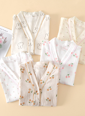 春秋单件睡衣女上衣纯棉纱布薄款外套开衫V领大码长袖家居服上装