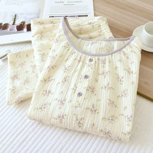 春夏秋款 家居服套装 学生宽松 纱布套头长袖 甜美碎花纯棉睡衣女薄款