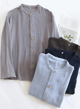 男士纯棉单件睡衣简约长袖开衫春秋薄款纱布家居服上衣休闲可外穿
