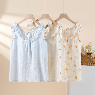 单件上衣甜美学生大码 纱布无袖 可外穿 纯棉带胸垫吊带背心薄款 夏季