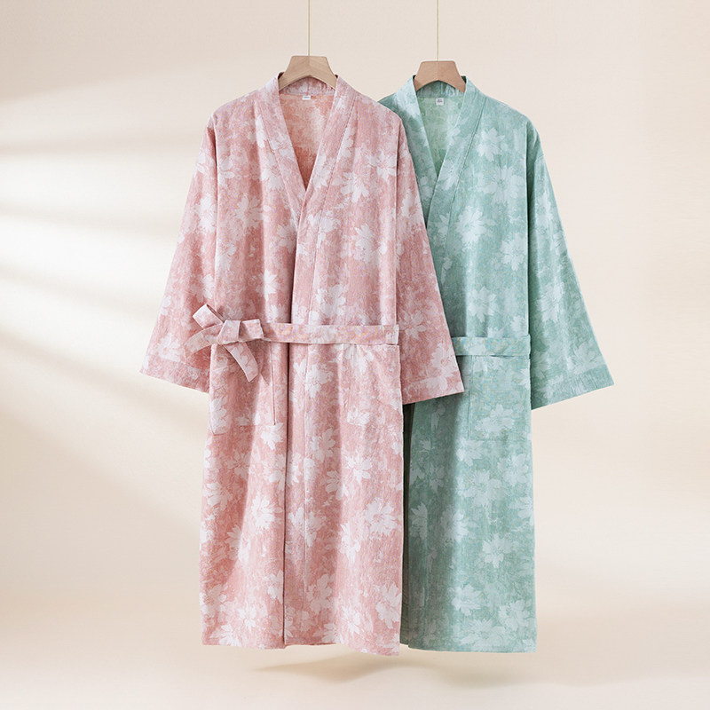 日系和服睡袍女棉麻提花中长款家居服浴袍汗蒸春夏秋季宽松复古