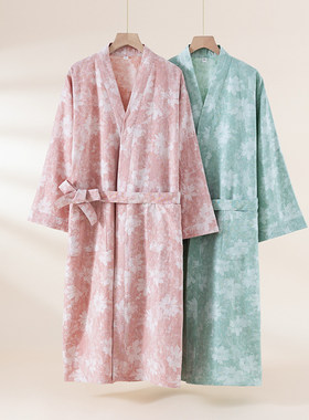女士色织棉麻日式系带和服睡袍
