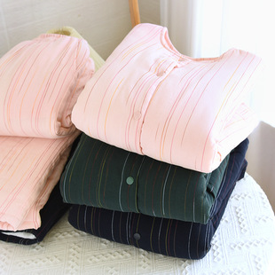 秋冬纯棉加厚纱布睡衣情侣三层夹棉保暖套装女棉袄家居服全棉男款