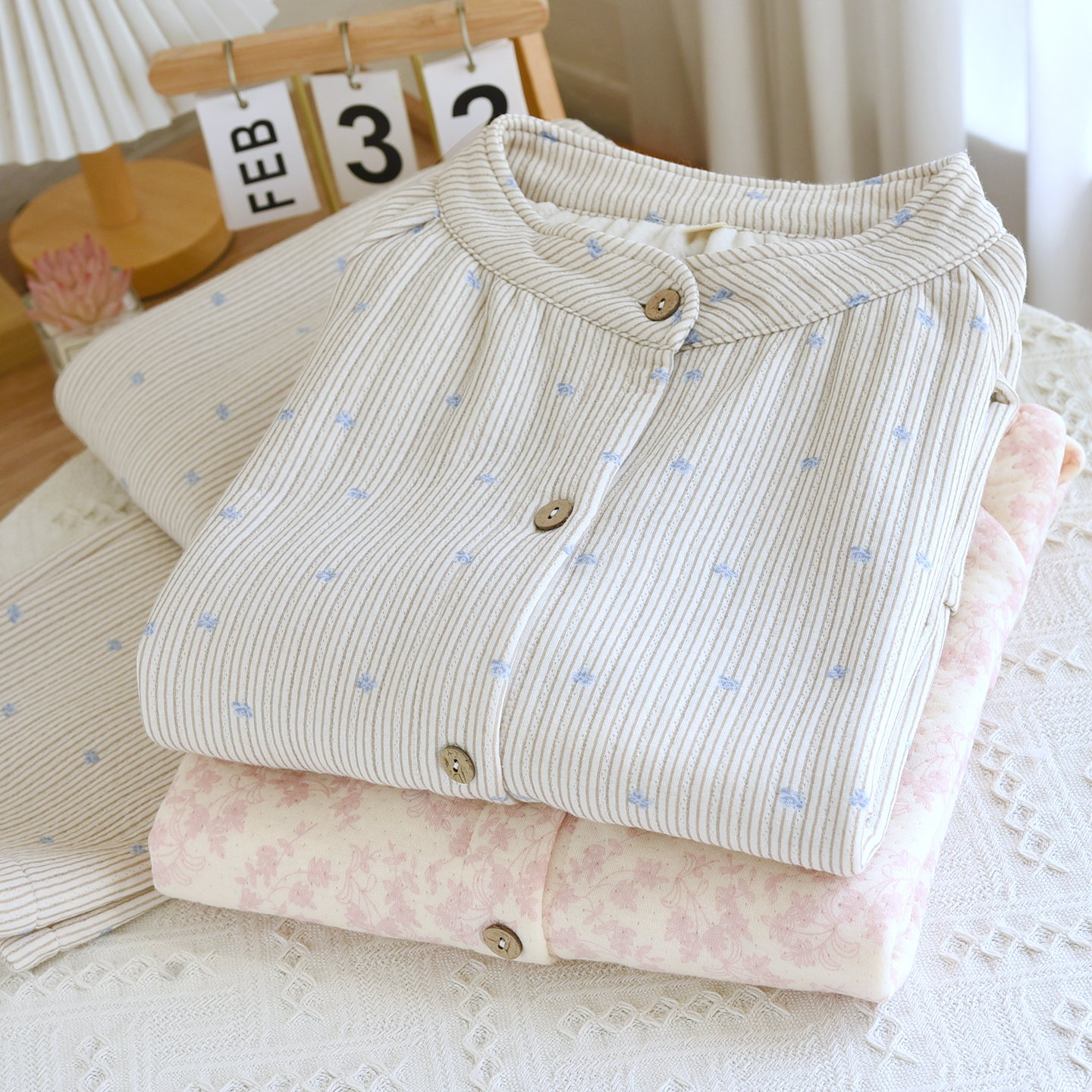 女士纯棉空气层立领长袖家居服