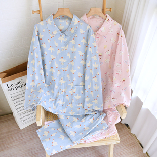 卡通印花纯棉绒布睡衣女磨毛春秋冬季长袖开衫长裤套装全棉家居服
