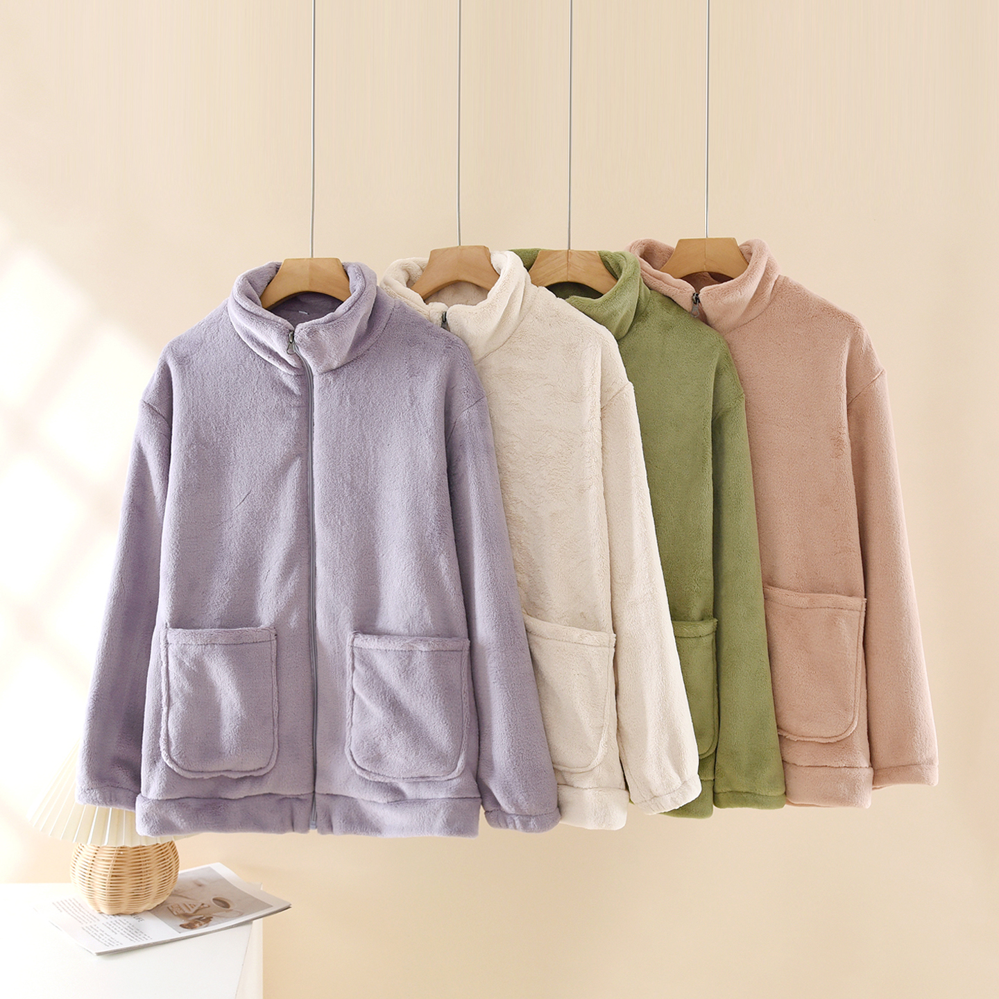 立领法兰绒保暖家居上衣拉链宽松