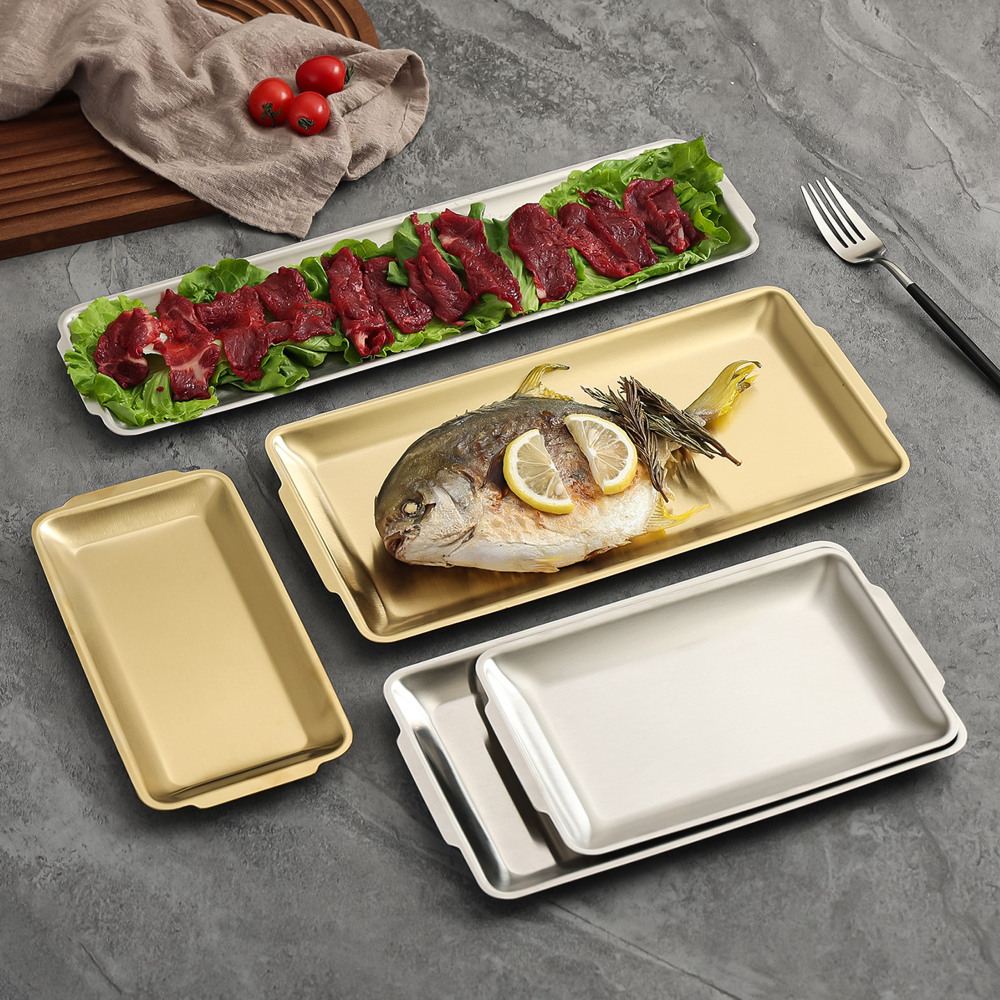 不锈钢韩式长方盘火锅牛肉盘烤肉盘菜盘平底托盘加厚方盘烧烤盘子