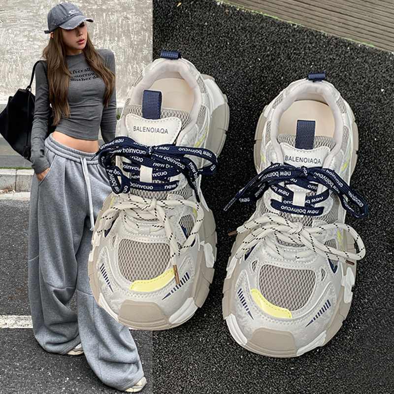 厚底增高老爹鞋女2026春季新款网面透气系带显脚小百搭休闲运动鞋