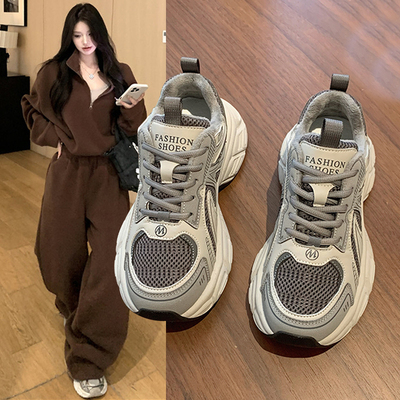 厚底灰色老爹鞋女2025秋冬季新款百搭二棉松糕加绒运动鞋学生棉鞋