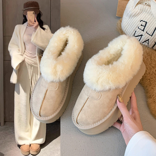 厚底皮面白色雪地靴女鞋毛毛鞋2025新款冬季加绒加厚东北面包棉鞋