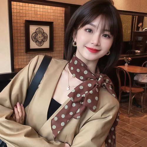 棕色波点丝巾印花高级百搭配饰