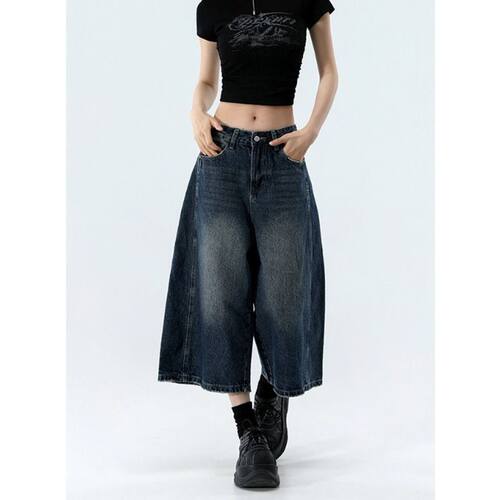 美式深蓝色做旧七分阔腿短裤女2026夏季新款复古水洗八分直筒中裤