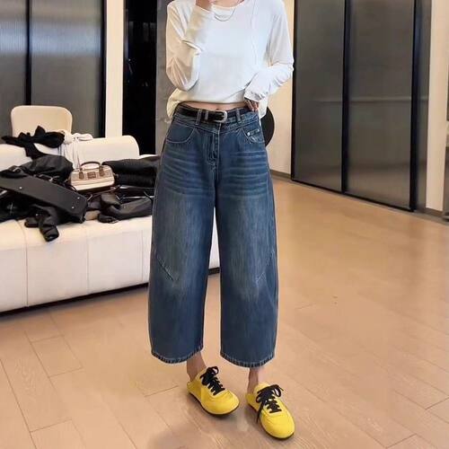 大码牛仔裤女2025春夏新款梨形身材宽松小个子高腰九分弯刀阔腿裤