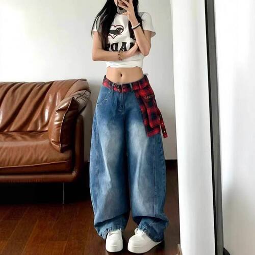 美式高街格子解构水洗牛仔裤女夏季新款cleanfit阔腿长裤弯刀裤子