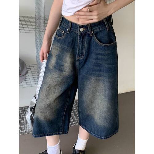 美式高街复古阔腿七分牛仔中裤女夏季高腰大码显瘦宽松直筒短裤子