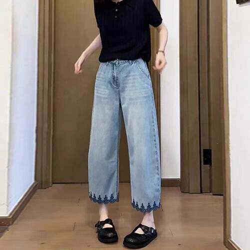 美式复古刺绣花边弯刀牛仔裤女夏季薄款宽松显瘦阔腿九分裤子ins
