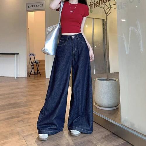 时尚韩版深蓝色阔腿牛仔裤女2025秋季新款遮胯设计感宽松直筒长裤